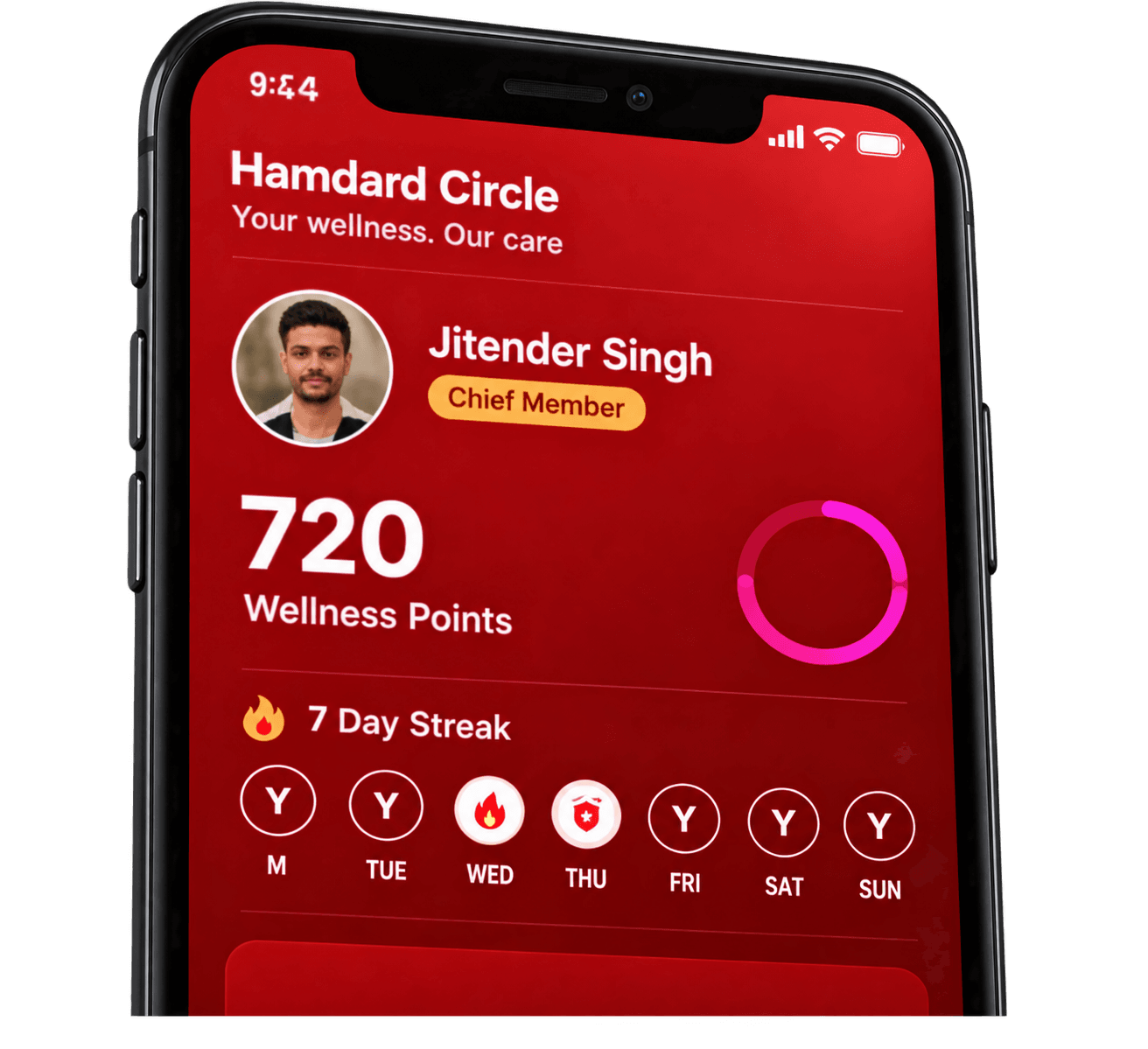 Hamdard Circle app showing wellness rewards and points